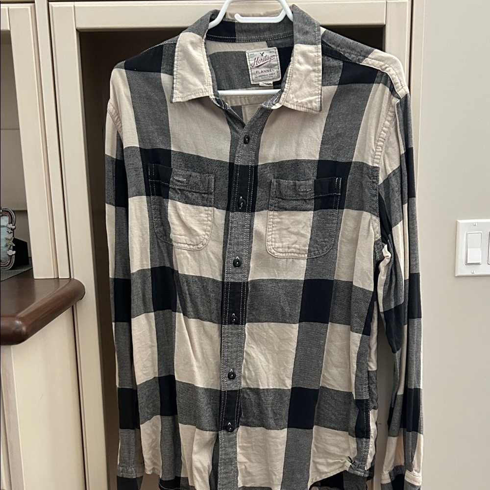 American Eagle Outfitters Black and Cream Plaid Shirt